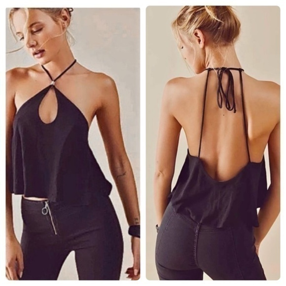 NWT FREE PEOPLE Long Weekend Top / Black Low Back Cropped Flowy